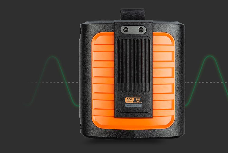 Achterkant van een Xtorm powerstation met stroomgolf: laag 3, veilige stroombalans via de APM-chip