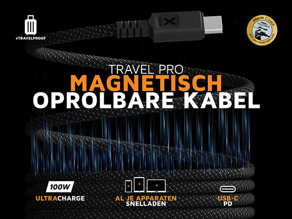 Travel pro magnetisch oprolbare kabel. 100W ultracharge. Al je apparaten snelladen. USB-C PD