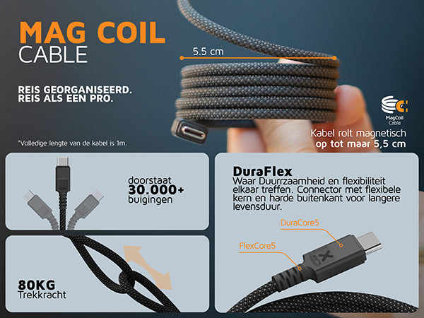 Mag coil cable. Reis georganiseerd. reis als een pro. Kabel rolt magnetisch op tot maar 5,5 cm. Doorstaat 30.000+ buigingen. 80KG Trekkracht. DuraFlex Waar Duurrzaamheid en flexibiliteit elkaar treffen. Connector met flexibele kern en harde buitenkant voor langere levensduur