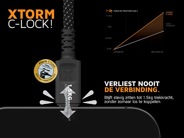 Xtorm c-lock!. Verliest nooit de verbinding. Blijft stevig zitten tot 1.5kg trekkracht, zonder zomaar los te koppelen. 1.5KG pull without losing connection