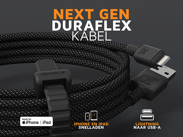 De NextGen DuraFlex kabel met lighning en usb-a connectoren, voor snelladen van je iphone en ipad