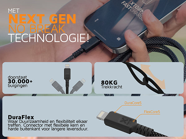 De kabel met No Break Technologie, door DuraFlex flexibele kern en harde buitenkant. Doorstaat tot 30.000+ buigingen en 80kg trekkracht.