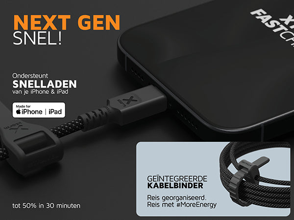 NextGen Snel ondersteunt snelladen van je iPhone & iPad. Laadt tot 50% in 30 minuten. Heeft ook geïntegreerde kabelbinder, zodat je georganiseerd met met #MoreEnergy kunt reizen.