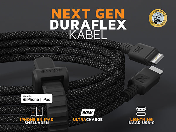 De NextGen DuraFlex kabel met lighning en usb-c connectoren, voor 60W ultracharge voor snelladen van je iphone en ipad