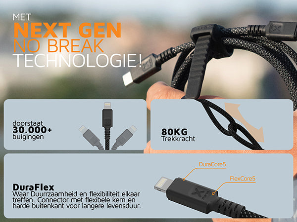 De kabel met No Break Technologie, door DuraFlex flexibele kern en harde buitenkant. Doorstaat tot 30.000+ buigingen en 80kg trekkracht.