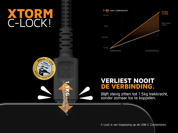 Door slimme toepassing van Xtorm C-Lock zal de kabel stevig in de USB-C poort blijven zitten tot 1,5kg trekkracht, dus zonder zomaar los te koppelen. Je verliest zo nooit je verbinding.