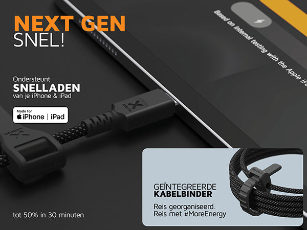 NextGen Snel ondersteunt snelladen van je iPhone & iPad. Laadt tot 50% in 30 minuten. Heeft ook geïntegreerde kabelbinder, zodat je georganiseerd met met #MoreEnergy kunt reizen.