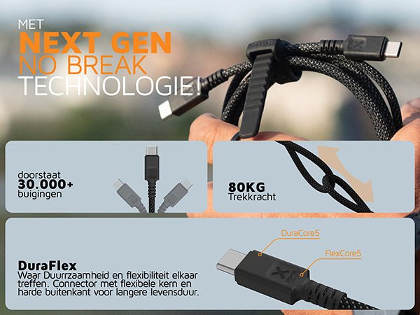 De kabel met No Break Technologie, door DuraFlex flexibele kern en harde buitenkant. Doorstaat tot 30.000+ buigingen en 80kg trekkracht.