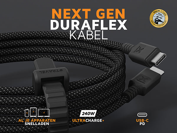 De NextGen DuraFlex kabel met usb-c connectoren, voor 240W ultracharge+ voor snelladen van al je apparaten
