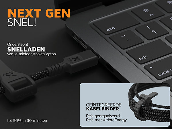 NextGen Snel ondersteunt snelladen van al je apparaten, zelfs een laptop. Laadt tot 50% in 30 minuten. Heeft ook geïntegreerde kabelbinder, zodat je georganiseerd met met #MoreEnergy kunt reizen.