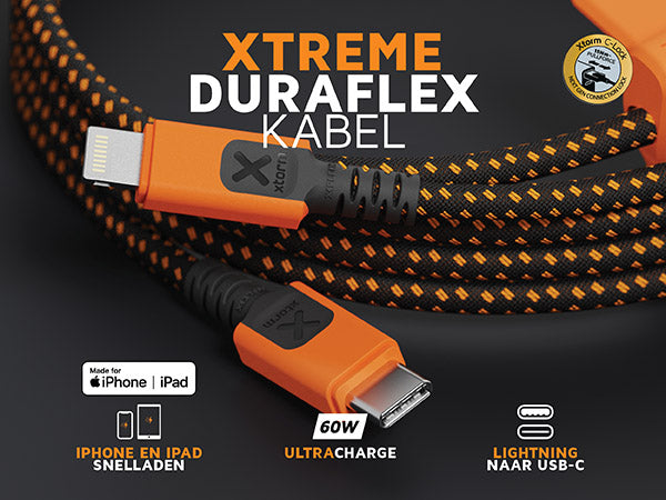 Xtreme duraflex kabel. IPhone en ipad snelladen. 60W ultracharge. Lightning naar USB-C