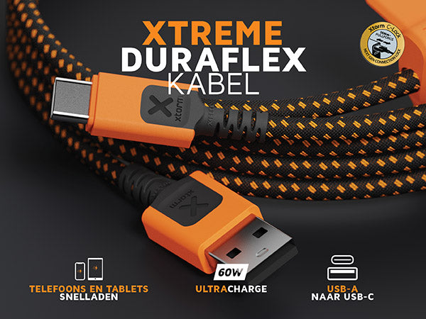 Xtreme duraflex kabel. Telefoons en tablets snelladen. 60W ultracharge. Usb-a naar USB-C