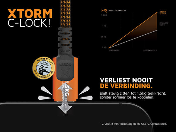 Xtorm c-lock!. Verliest nooit de verbinding. Blijft stevig zitten tot 1.5kg trekkracht, zonder zomaar los te koppelen. 1.5KG pull without losing connection