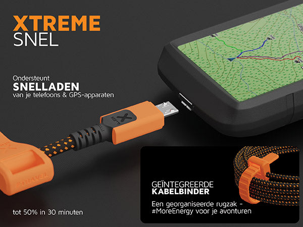 Xtreme snel. Ondersteunt snelladen van je telefoons & GPS-apparaten. Geïntegreerde kabelbinder Een georganiseerde rugzak - #MoreEnergy voor je avonturen