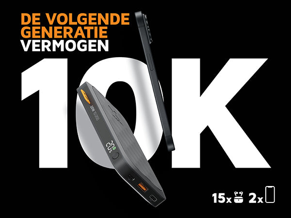 De volgende generatie vermogen wordt aangeduid met de powerbank en een grote 10K op de achtergrond. Airpods zijn 15 keer op te laden en een telefoon 2 keer op te laden.