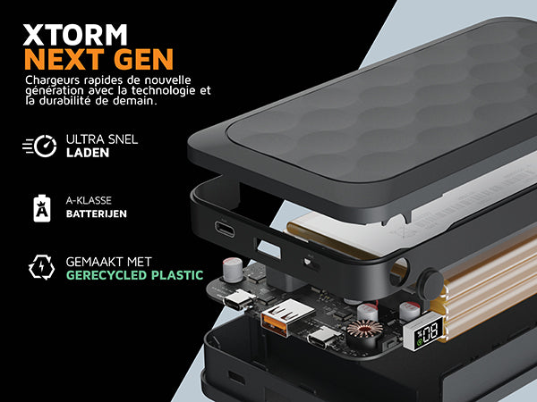Xtorm next gen. De volgende generatie snelladers met de technologie en duurzaamheid van morgen. Ultra snel laden. A-klasse batterijen. Gemaakt met gerecycled plastic