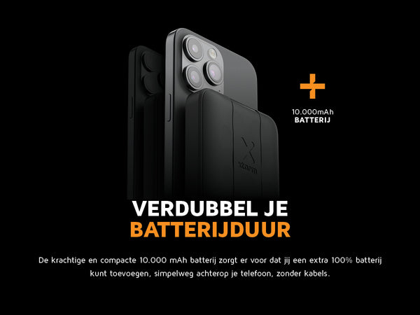 Verdubbel je batterijduur. De krachtige en compacte 10.000 mAh batterij zorgt er voor dat jij een extra 100% batterij kunt toevoegen, simpelweg achterop je telefoon, zonder kabels. 10.000mAh batterij