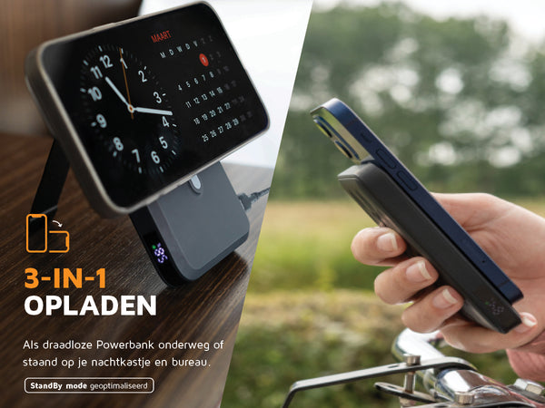 3-IN-1 opladen. Als draadloze Powerbank onderweg of staand op je nachtkastje en bureau. 360° kijkhoek. Klik de standaard voor opladen. Pass-through opladen