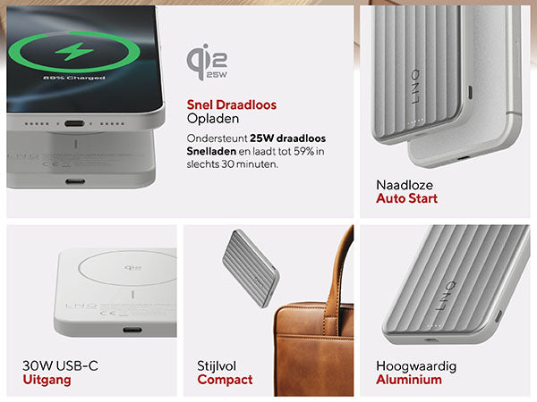Snel Draadloos Opladen. Ondersteunt 25W draadloos Snelladen en laadt tot 59% in slechts 30 minuten. Naadloze Auto Start: Geen druk op de knop nodig. 30W USB-C Uitgang: Snelladen voor je telefoon en andere USB-C apparaten. Stijlvol Compact: Compact en stijlvol, naadloos passend in je interieur en ideaal voor elegant opladen onderweg. Hoogwaardig Aluminium: Gemaakt van hoogwaardig gerecycled aluminium en afgewerkt met een verfijnde, geribbelde textuur