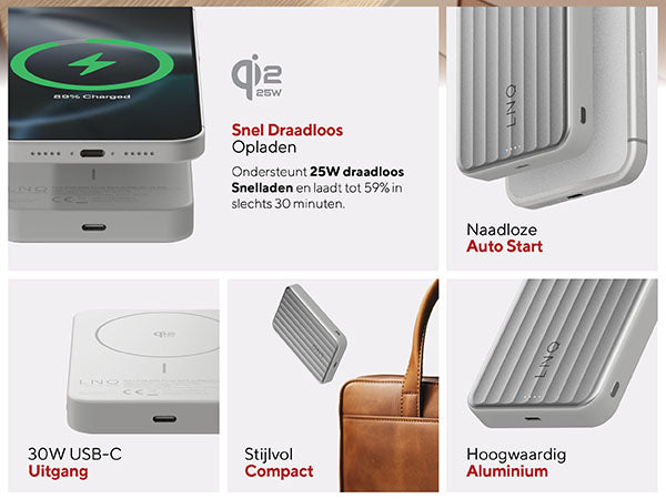 Snel Draadloos Opladen. Ondersteunt 25W draadloos Snelladen en laadt tot 59% in slechts 30 minuten. Naadloze Auto Start: Geen druk op de knop nodig. 30W USB-C Uitgang: Snelladen voor je telefoon en andere USB-C apparaten. Stijlvol Compact: Compact en stijlvol, naadloos passend in je interieur en ideaal voor elegant opladen onderweg. Hoogwaardig Aluminium: Gemaakt van hoogwaardig gerecycled aluminium en afgewerkt met een verfijnde, geribbelde textuur