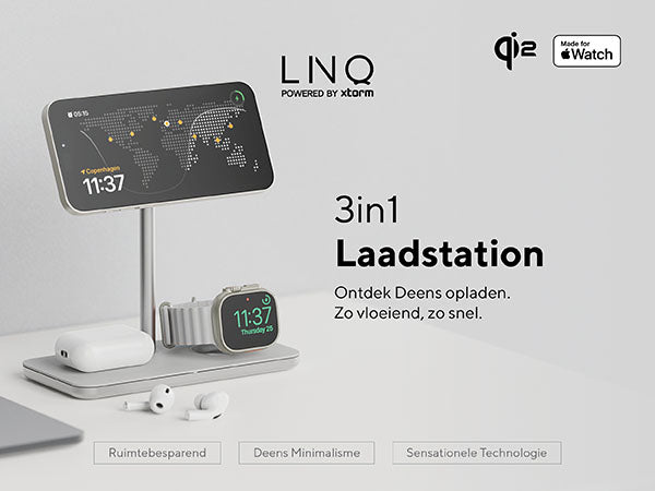 3in1 Laadstation. Ontdek Deens opladen. Zo vloeiend, zo snel. Ruimtebesparend. Deens minimalisme. Sensationele Technologie