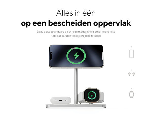 Alles in één op een bescheiden oppervlak. Deze oplaadstandaard biedt je de mogelijkheid om al je favoriete Apple apparaten tegelijkertijd op te laden. 1. 2. 3