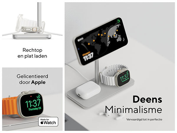 Deens Minimalisme. Vervaardigd tot in perfectie. Rechtop en plat: Opladen in Nachtklok-Modus of liggend. Gelicentieerd door Apple: Laadt je Apple Watch voor 80% op binnen 45 minuten