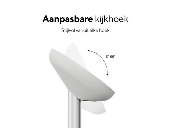Aanpasbare kijkhoek. Stijlvol vanuit elke hoek. De kijkhoek is volledig instelbaar om de perfecte hoek te vinden voor videogesprekken en ergonomisch werken. 17-55°