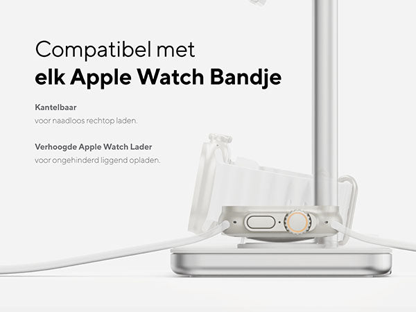 Compatibel met elk Apple Watch Bandje. Kantelbaar voor naadloos rechtop laden. Verhoogde Apple Watch Lader voor ongehinderd liggend opladen. Kantelbaar voor naadloos rechtop laden. Verhoogde Apple Watch Lader voor ongehinderd liggend opladen