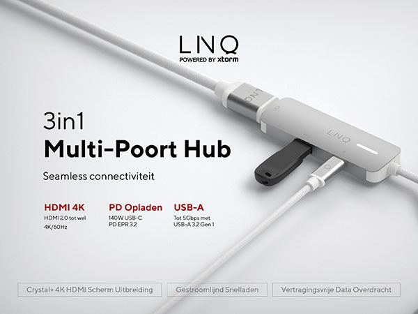 3in1 Multi-Poort Hub. Seamless connectiviteit. HDMI 4K: HDMI 2.0 4K/60Hz. PD Opladen: 140W USB-C PD EPR 3.2. Usb-a: 3.2 Gen 1, max snelheid tot wel 5Gbps. Crystal+ 4K HDMI Scherm Uitbreiding. Gestroomlijnd Snelladen. Vertragingsvrije Data Overdracht
