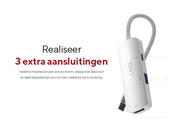 Realiseer 3 extra aansluitingen. Verbind moeiteloos een extra scherm, draag snel data over en laad tegelijkertijd op voor een naadloze tech-ervaring. 1. 2. 3