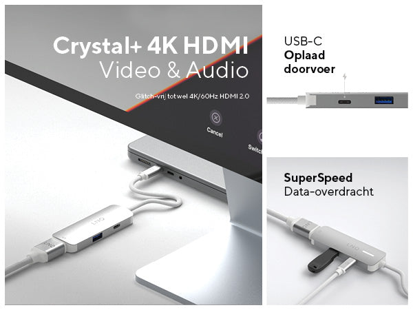 Crystal+ 4K HDMI Video & Audio. Glitch-vrij tot wel 4K/60Hz HDMI 2.0. USB-C Oplaad doorvoer: Het opladen van het aangesloten apparaat wordt ondersteund door de 140W oplaadpoort, zelfs wanneer alle poorten tegelijkertijd worden gebruikt. SuperSpeed Data-overdracht: 5Gbps usb-a 3.2 Gen 1