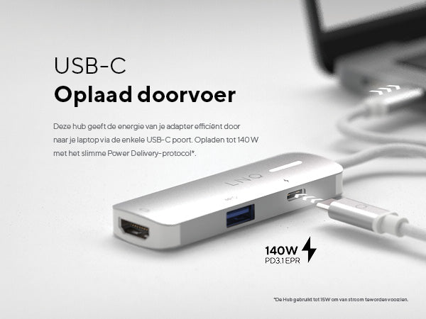 USB-C Oplaad doorvoer. Deze hub geeft de energie van je adapter efficiënt door naar je laptop via de enkele USB-C poort. Opladen tot 140 W met het slimme Power Delivery-protocol*. 140W PD3.1 EPR
