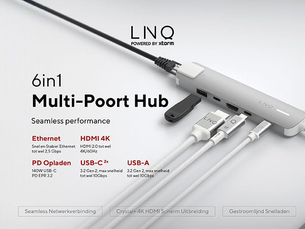 6in1 Multi-Poort Hub. Seamless performance. Ethernet: Snel en Stabiel Ethernet tot wel 2,5 Gbps. HDMI 4K: HDMI 2.0 tot wel 4K/60Hz. PD Opladen: 140W USB-C PD EPR 3.2. USB-C 2x: 3.2 Gen 2, max snelheid tot wel 10Gbps. Usb-a: 3.2 Gen 2, max snelheid tot wel 10Gbps. Seamless Netwerkverbinding. Crystal+ 4K HDMI Scherm Uitbreiding. Gestroomlijnd Snelladen