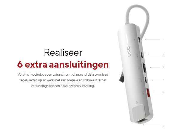 Realiseer 6 extra aansluitingen. Verbind moeiteloos een extra scherm, draag snel data over, laad tegelijkertijd op en werk met een soepele en stabiele internet verbinding voor een naadloze tech-ervaring. 1. 2. 3. 4. 5. 6