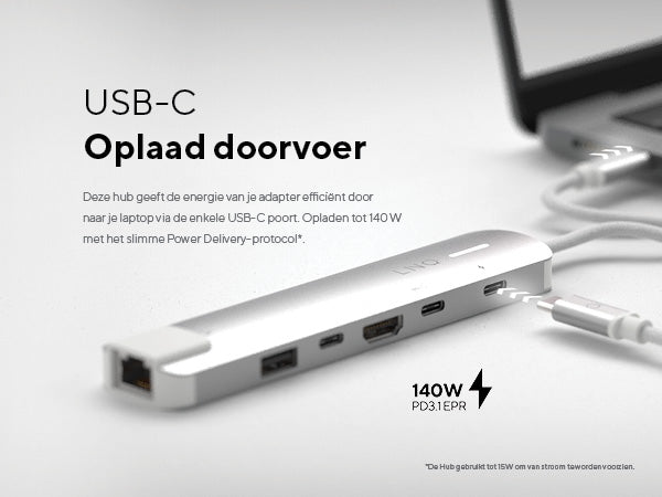 USB-C Oplaad doorvoer. Deze hub geeft de energie van je adapter efficiënt door naar je laptop via de enkele USB-C poort. Opladen tot 140 W met het slimme Power Delivery-protocol*. 140W PD3.1 EPR