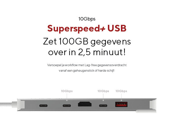 Superspeed+ USB Zet 100GB gegevens over in 2,5 minuten!. 10Gbps. Versoepel je workflow met Lag-free gegevensoverdracht vanaf een geheugenstick of harde schijf. 10Gbps. 10Gbps. 10Gbps