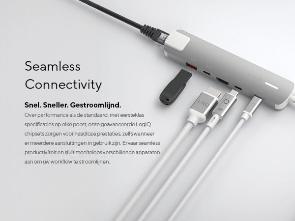 Seamless Connectiviteit. Snel. Sneller. Gestroomlijnd. Over performance als de standaard, met eersteklas specificaties op elke poort, onze geavanceerde LogiQ chipsets zorgen voor naadloze prestaties, zelfs wanneer er meerdere aansluitingen in gebruik zijn. Ervaar seamless productiviteit en sluit moeiteloos verschillende apparaten aan om uw workflow te stroomlijnen