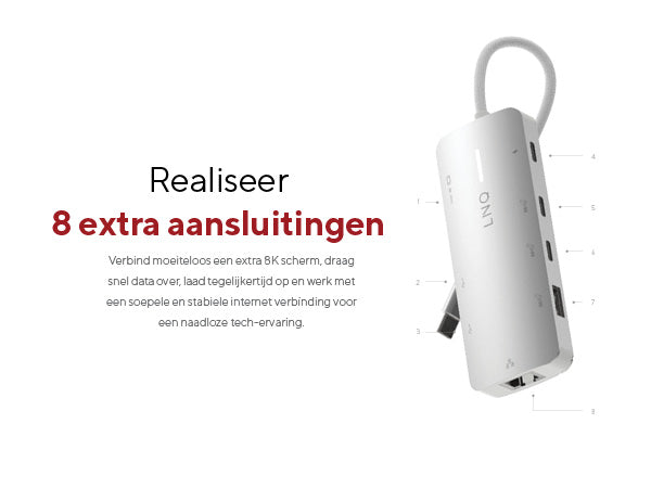 Realiseer 8 extra aansluitingen. Verbind moeiteloos een extra 8K scherm, draag snel data over, laad tegelijkertijd op en werk met een soepele en stabiele internet verbinding voor een naadloze tech-ervaring