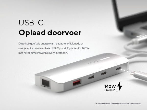 USB-C Oplaad doorvoer. Deze hub geeft de energie van je adapter efficiënt door naar je laptop via de enkele USB-C poort. Opladen tot 140 W met het slimme Power Delivery-protocol*. 140W PD3.1 EPR