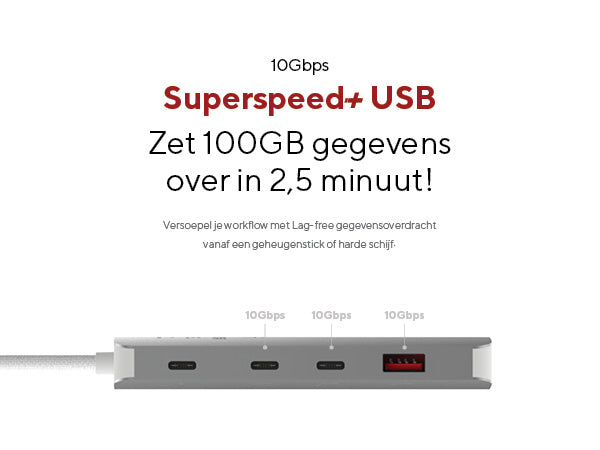 Superspeed+ USB. 10Gbps. Zet 100GB gegevens over in 2,5 minuten! Versoepel je workflow met Lag-free gegevensoverdracht vanaf een geheugenstick of harde schijf. 10Gbps