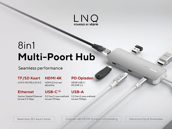 8in1 Multi-Poort Hub. Seamless performance. Tf/sd Kaart: uhs ii 312 MB/s SD 4.0. HDMI 4K: HDMI 2.0 tot wel 4K/60Hz. PD Opladen: 140W USB-C PD EPR 3.2. Ethernet: Snel en Stabiel Ethernet tot wel 2,5 Gbps. USB-C 2x: 3.2 Gen 2, max snelheid tot wel 10Gbps. Usb-a: 3.2 Gen 2, max snelheid tot wel 10Gbps. Seamless SD-kaart lezen. Crystal+ 4K HDMI Scherm Uitbreiding. Gestroomlijnd Snelladen