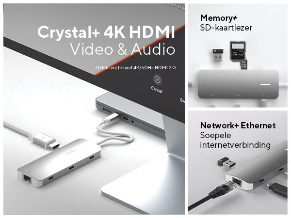 Crystal+ 4K HDMI Video & Audio. Glitch-vrij tot wel 4K/60Hz HDMI 2.0. Memory+ SD-kaartlezer: Vertragingsvrije overdracht tot 312 MB per seconde met SD 4.0. Network+ Ethernet: Soepele internetverbinding. Snel en stabiel tot 2,5 Gbps