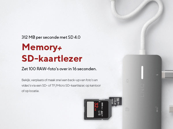 Memory+ SD-kaartlezer. 312 MB per seconde met SD 4.0. Zet 100 RAW-foto's over in 16 seconden. Bekijk, verplaats of maak snel een back-up van foto's en video's via een SD- of TF/Micro SD-kaartlezer, op kantoor of op locatie. 312 MB per seconde met SD 4.0