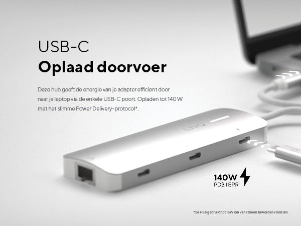 USB-C Oplaad doorvoer. Deze hub geeft de energie van je adapter efficiënt door naar je laptop via de enkele USB-C poort. Opladen tot 140 W met het slimme Power Delivery-protocol*. 140W PD3.1 EPR