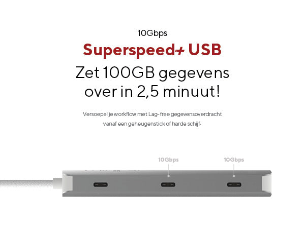Superspeed+ USB. 10Gbps. Zet 100GB gegevens over in 2,5 minuten! Versoepel je workflow met Lag-free gegevensoverdracht vanaf een geheugenstick of harde schijf. 10Gbps