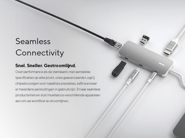 Seamless Connectiviteit. Snel. Sneller. Gestroomlijnd. Over performance als de standaard, met eersteklas specificaties op elke poort, onze geavanceerde LogiQ chipsets zorgen voor naadloze prestaties, zelfs wanneer er meerdere aansluitingen in gebruik zijn. Ervaar seamless productiviteit en sluit moeiteloos verschillende apparaten aan om uw workflow te stroomlijnen