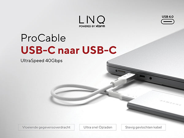 ProCable USB-C naar USB-C. UltraSpeed 40Gbps. Vloeiende gegevensoverdracht. Ultra snel Opladen. Stevig gevlochten kabel