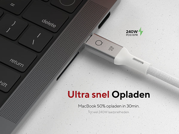 Ultra snel Opladen. MacBook 50% opladen in 30min. Tot wel 240W laadsnelheden. 240W PD3.1 EPR