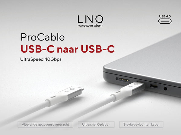 ProCable USB-C naar USB-C. UltraSpeed 40Gbps. Vloeiende gegevensoverdracht. Ultra snel Opladen. Stevig gevlochten kabel